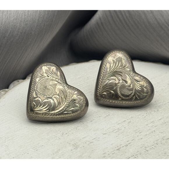 Mexico GM13 Sterling Silver Puffy Heart Stud Earrings 11.9G / 0.7In - Picture 1 of 4